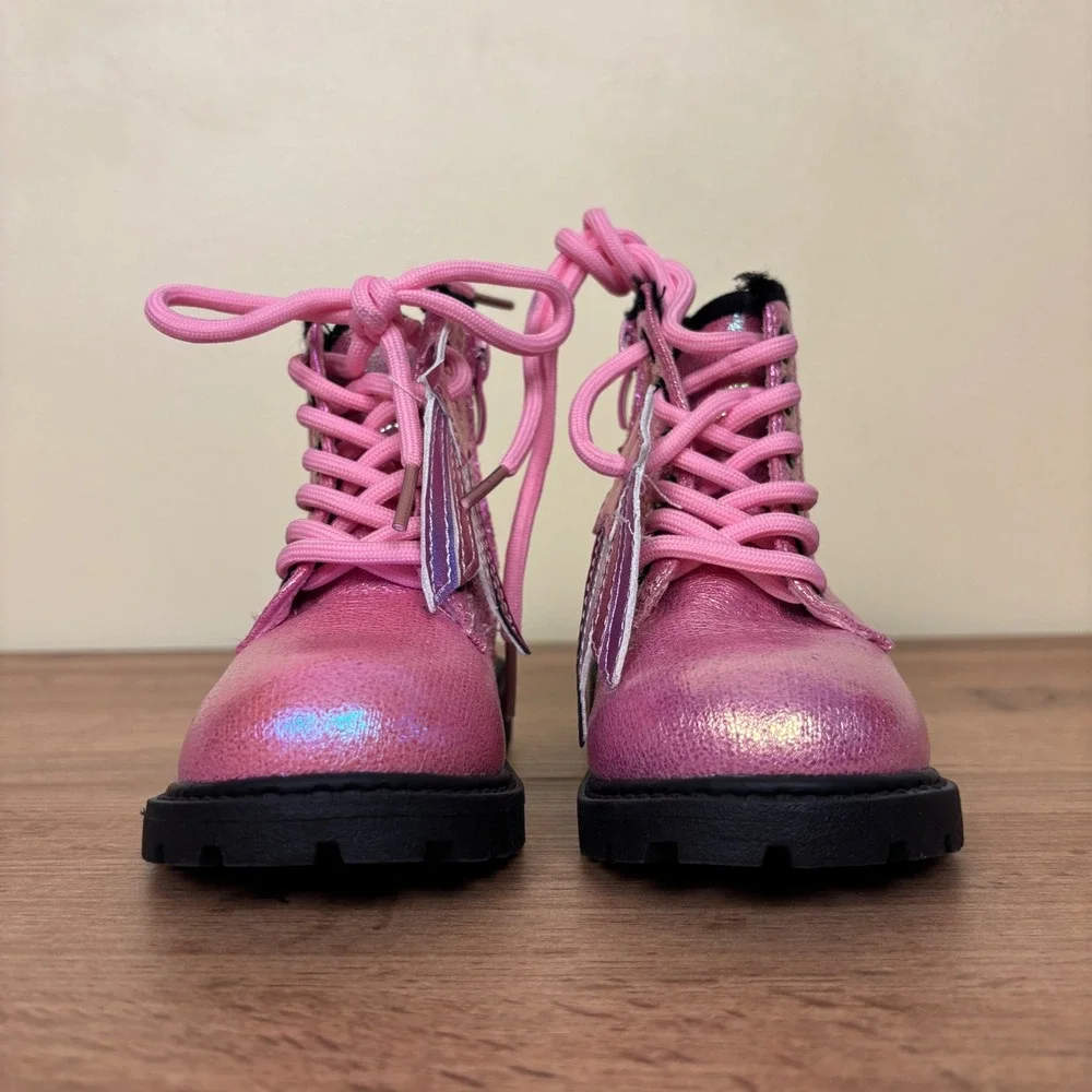 OLIVIA MILLER GIRL Crystal Sky Combat Boots Pink Kids Size 5 Metallic Lace Up